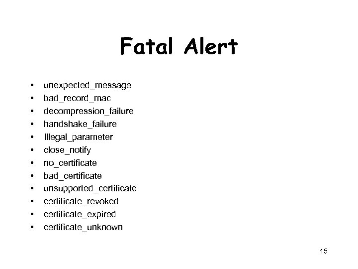 Fatal Alert • • • unexpected_message bad_record_mac decompression_failure handshake_failure Illegal_parameter close_notify no_certificate bad_certificate unsupported_certificate_revoked