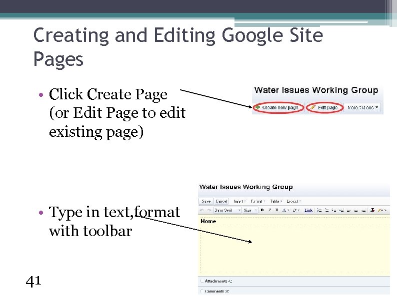 Creating and Editing Google Site Pages • Click Create Page (or Edit Page to