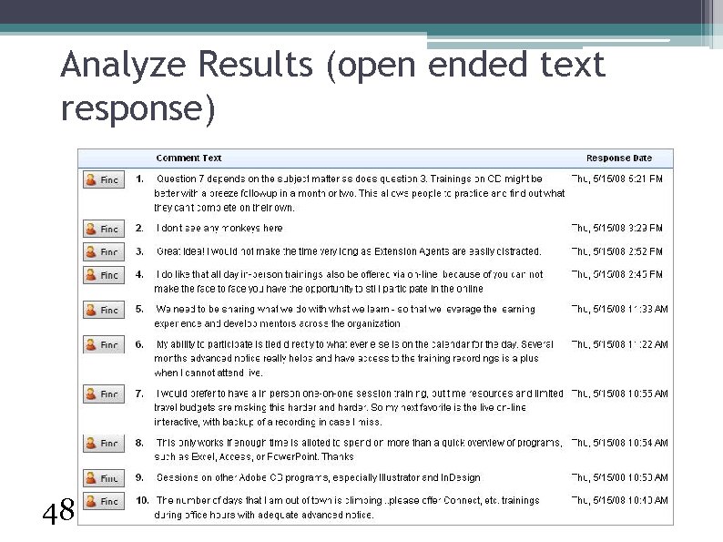 Analyze Results (open ended text response) 48 