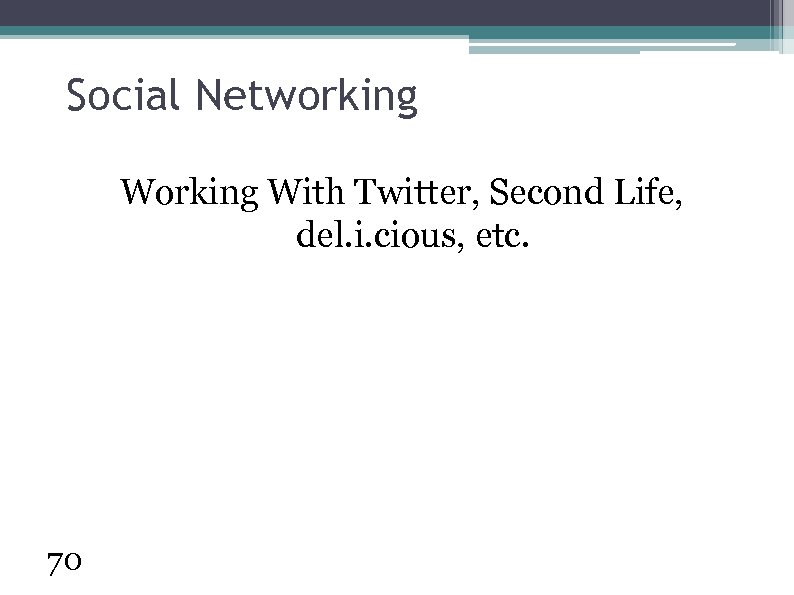 Social Networking With Twitter, Second Life, del. i. cious, etc. 70 