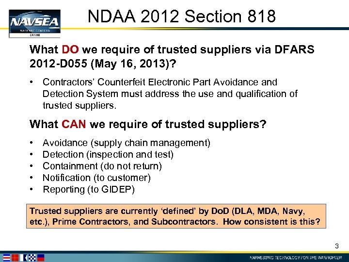 NDAA 2012 Section 818 What DO we require of trusted suppliers via DFARS 2012