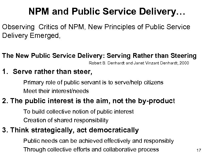 NPM and Public Service Delivery… Observing Critics of NPM, New Principles of Public Service
