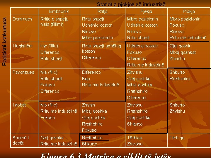 Stadet e pjekjes së industrisë Pozicioni konkurrues Embrionik Rritja Pjekja Plakja Dominues Rritje e