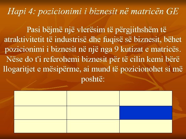 Hapi 4: pozicionimi i biznesit në matricën GE Pasi bëjmë një vlerësim të përgjithshëm