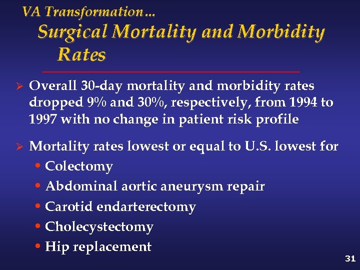 VA Transformation… Surgical Mortality and Morbidity Rates Ø Overall 30 -day mortality and morbidity