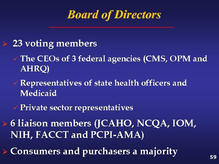 Board of Directors Ø 23 voting members ü The CEOs of 3 federal agencies
