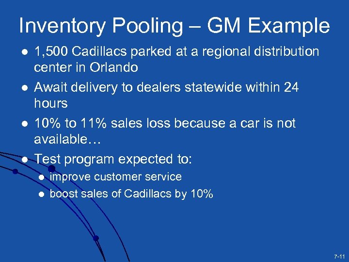 Inventory Pooling – GM Example l l 1, 500 Cadillacs parked at a regional