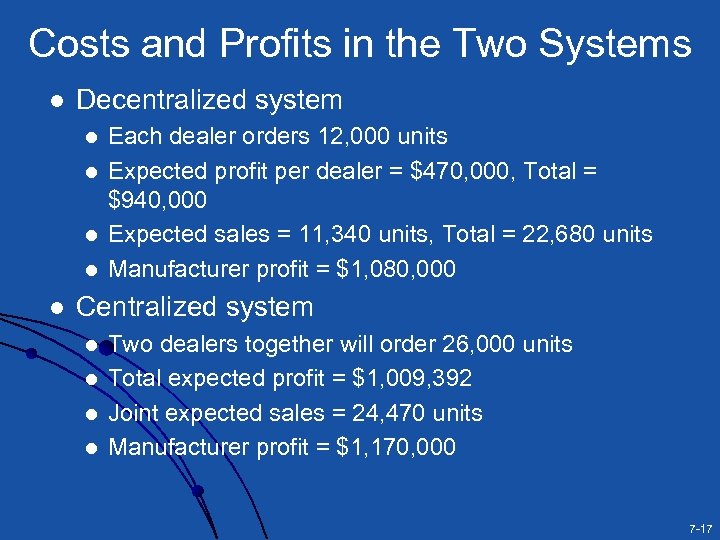 Costs and Profits in the Two Systems l Decentralized system l l l Each