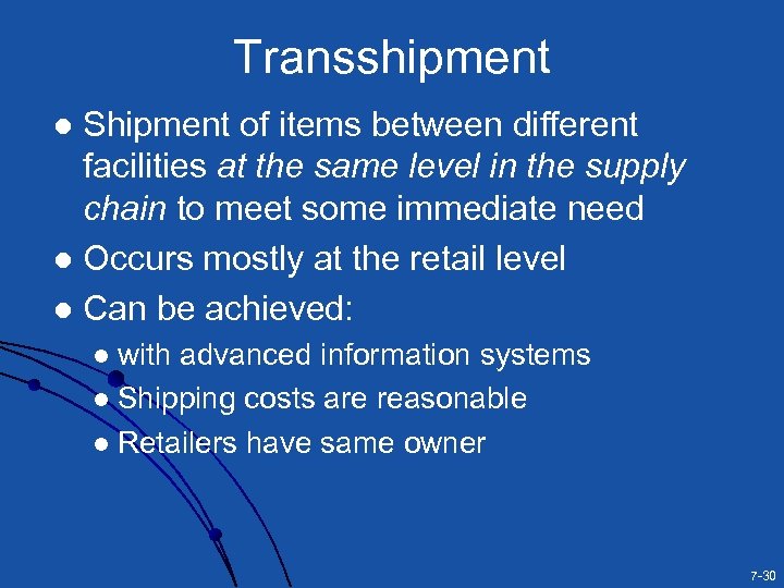 Transshipment Shipment of items between different facilities at the same level in the supply