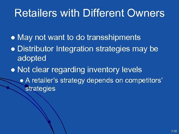 Retailers with Different Owners May not want to do transshipments l Distributor Integration strategies