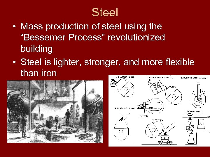 Steel • Mass production of steel using the “Bessemer Process” revolutionized building • Steel