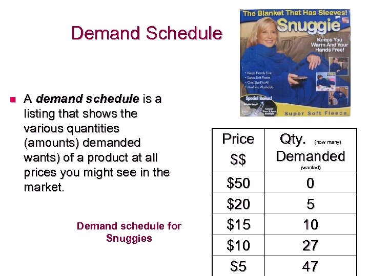 Demand Schedule n A demand schedule is a listing that shows the various quantities