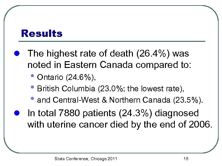 Results l The highest rate of death (26. 4%) was noted in Eastern Canada