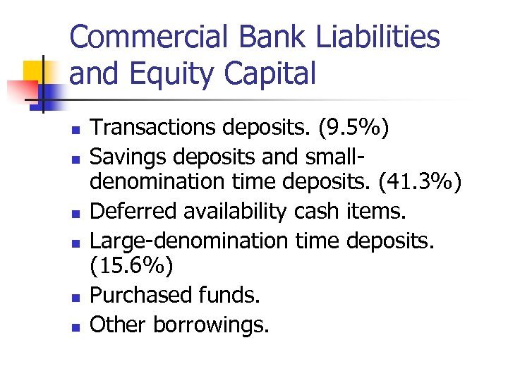 Commercial Bank Liabilities and Equity Capital n n n Transactions deposits. (9. 5%) Savings