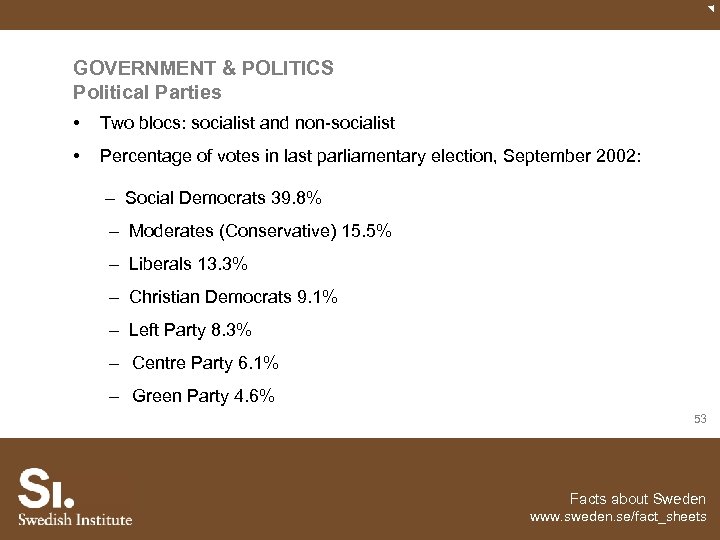 GOVERNMENT & POLITICS Political Parties • Two blocs: socialist and non-socialist • Percentage of
