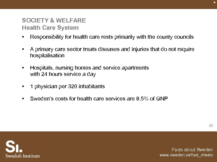 SOCIETY & WELFARE Health Care System • Responsibility for health care rests primarily with