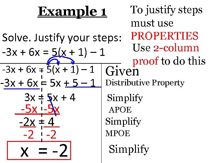 To justify steps must use Solve. Justify your steps: PROPERTIES Use 2 -column -3