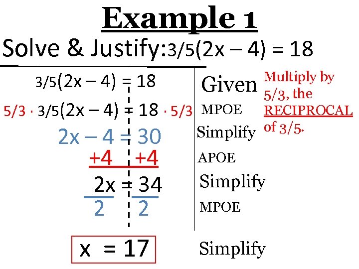 Example 1 Solve & Justify: 3/5(2 x – 4) = 18 5/3 ∙ 3/5(2