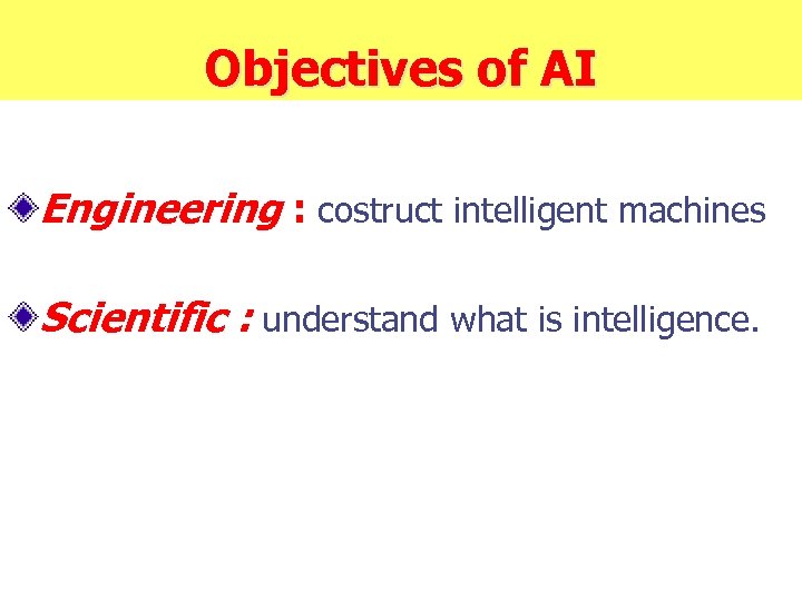 Objectives of AI Engineering : costruct intelligent machines Scientific : understand what is intelligence.