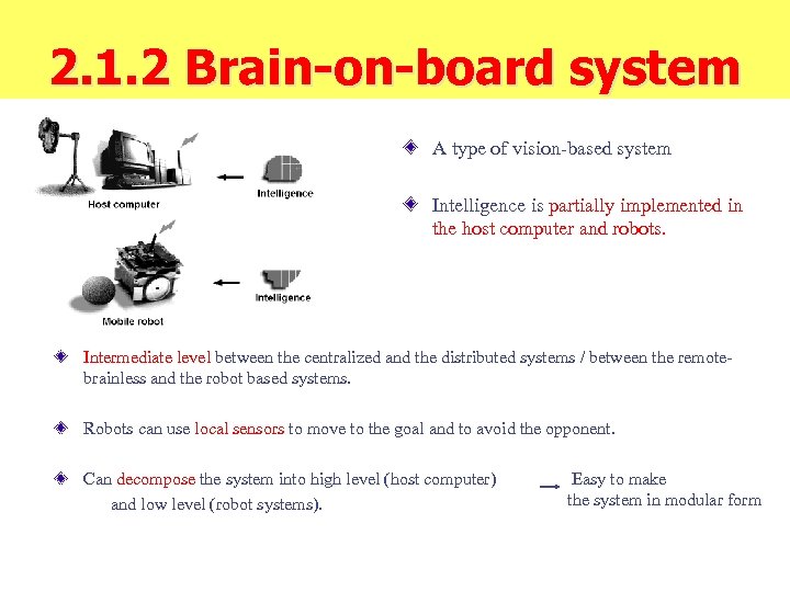 2. 1. 2 Brain-on-board system A type of vision-based system Intelligence is partially implemented