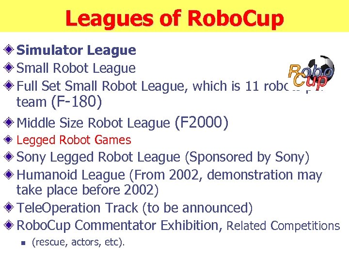 Leagues of Robo. Cup Simulator League Small Robot League Full Set Small Robot League,