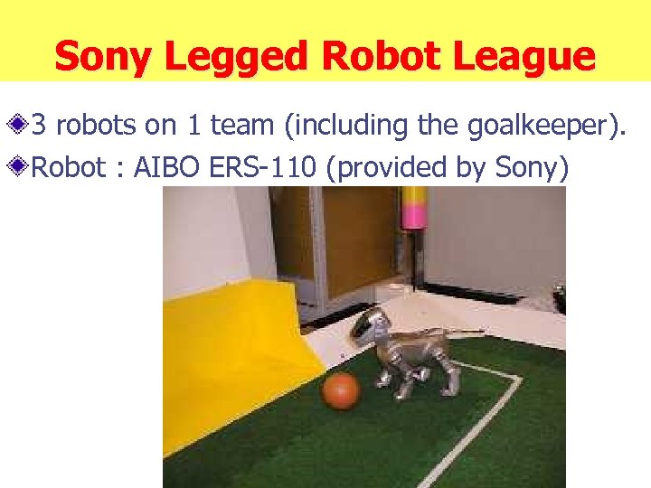 Sony Legged Robot League 3 robots on 1 team (including the goalkeeper). Robot :