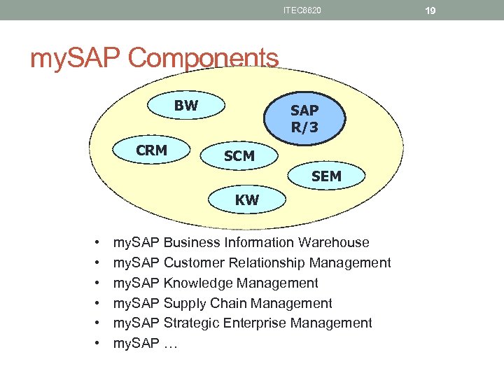 ITEC 6620 my. SAP Components BW CRM SAP R/3 SCM SEM KW • •