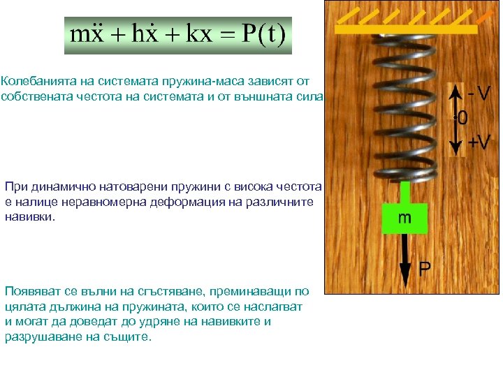 Колебанията на системата пружина-маса зависят от собствената честота на системата и от външната сила.