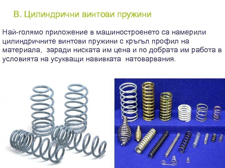 В. Цилиндрични винтови пружини Най-голямо приложение в машиностроенето са намерили цилиндричните винтови пружини с
