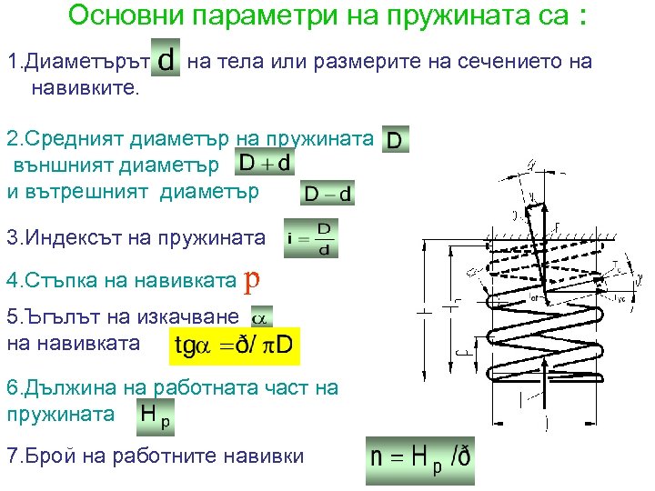 Основни параметри на пружината са : 1. Диаметърът навивките. на тела или размерите на