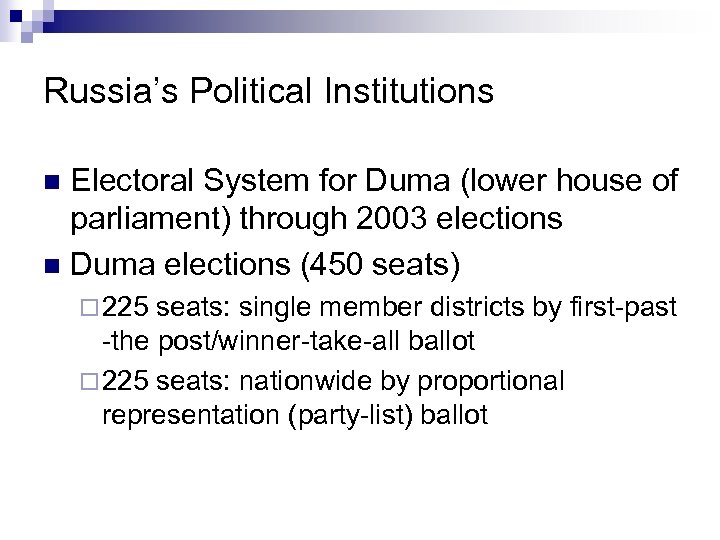 Russia’s Political Institutions Electoral System for Duma (lower house of parliament) through 2003 elections