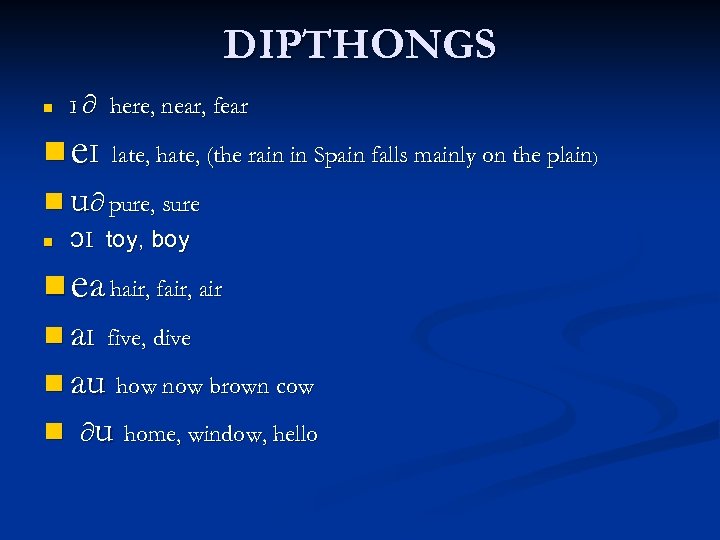 DIPTHONGS n I∂ n e. I here, near, fear late, hate, (the rain in