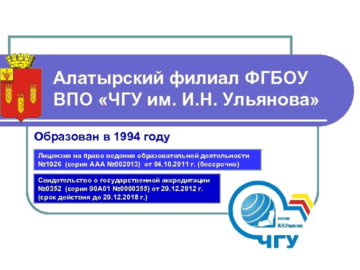 Алатырский филиал ФГБОУ ВПО «ЧГУ им. И. Н. Ульянова» Образован в 1994 году Лицензия