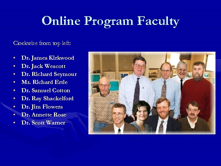 Online Program Faculty Clockwise from top left: • • • Dr. James Kirkwood Dr.