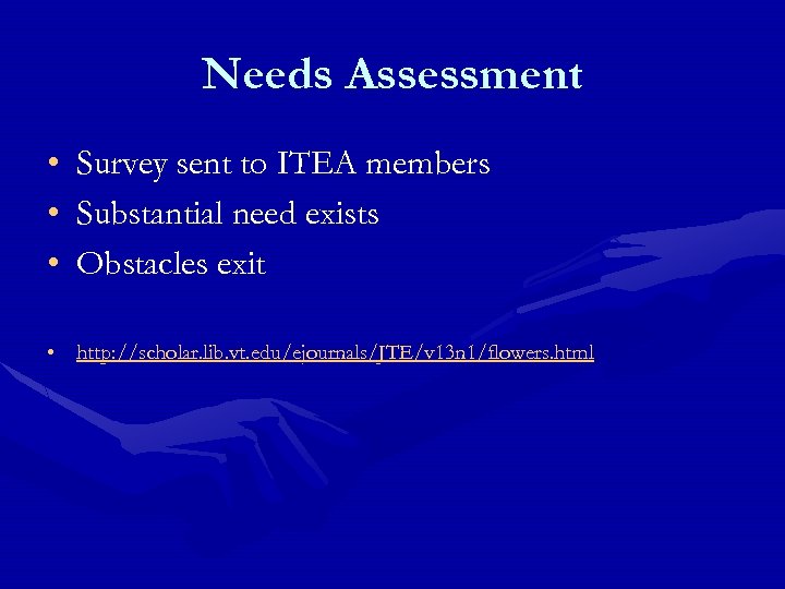 Needs Assessment • • • Survey sent to ITEA members Substantial need exists Obstacles