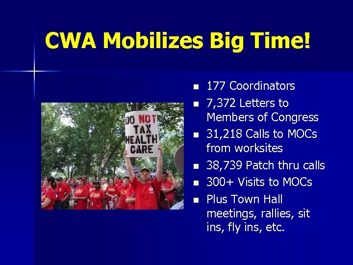 CWA Mobilizes Big Time! n n n 177 Coordinators 7, 372 Letters to Members