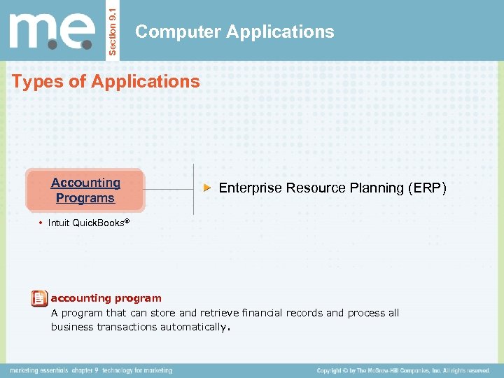 Section 9. 1 Computer Applications Types of Applications Accounting Programs Enterprise Resource Planning (ERP)