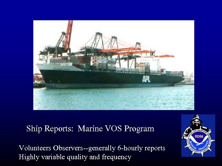 Ship Reports: Marine VOS Program Volunteers Observers--generally 6 -hourly reports Highly variable quality and