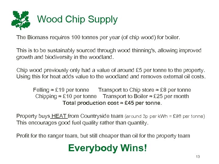 Wood Chip Supply The Biomass requires 100 tonnes per year (of chip wood) for