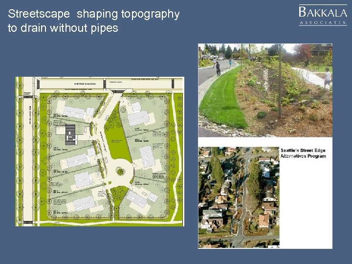 Streetscape shaping topography to drain without pipes 