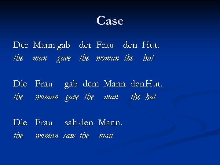 Case Der Mann gab der Frau den Hut. the man gave the woman the