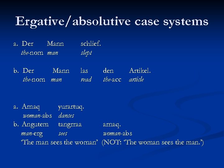 Ergative/absolutive case systems a. Der Mann the-nom man schlief. slept b. Der Mann the-nom