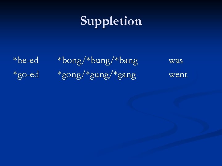 Suppletion *be-ed *go-ed *bong/*bung/*bang *gong/*gung/*gang was went 