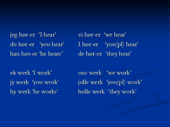 jeg hør-er ‘I hear’ du hør-er ‘you hear’ han hør-er ‘he hears’ vi hør-er