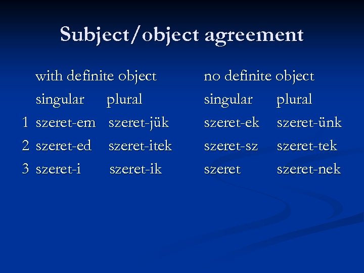 Subject/object agreement 1 2 3 with definite object singular plural szeret-em szeret-jük szeret-ed szeret-itek