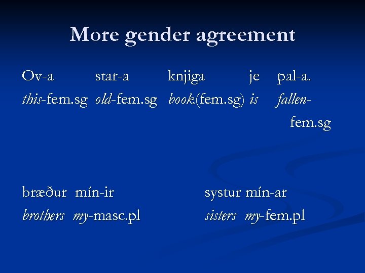 More gender agreement Ov-a star-a knjiga je this-fem. sg old-fem. sg book(fem. sg) is