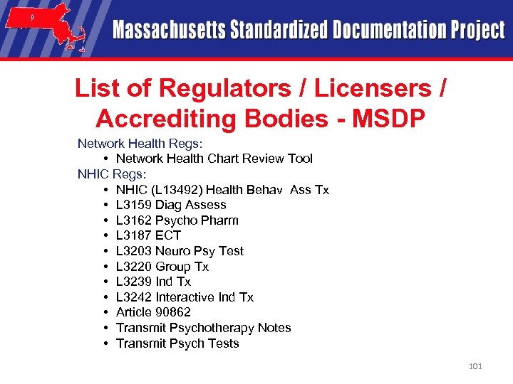 List of Regulators / Licensers / Accrediting Bodies - MSDP Network Health Regs: •