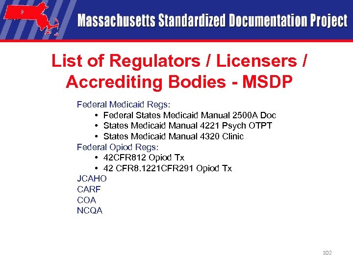 List of Regulators / Licensers / Accrediting Bodies - MSDP Federal Medicaid Regs: •