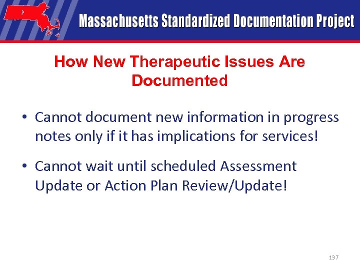 How New Therapeutic Issues Are Documented • Cannot document new information in progress notes