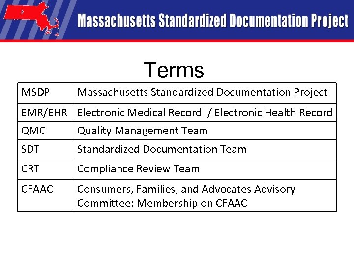 Terms MSDP Massachusetts Standardized Documentation Project EMR/EHR Electronic Medical Record / Electronic Health Record